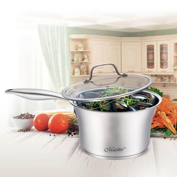 Ковш кухонный Maestro MR-3505-16S, 1.25 л, 16 см, из нержавеющей стали с крышкой, для всех типов плит | Зображення 1