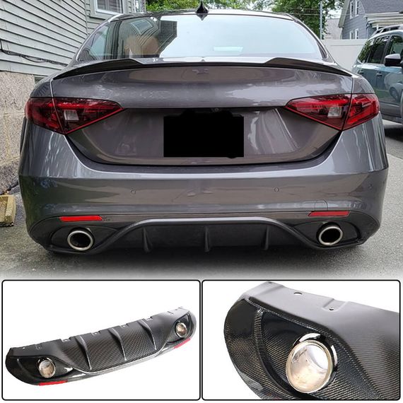Дифузор заднього бампера з насадками V2 (для Base, Карбон) для Alfa Romeo Giulia 2016-2022 рр | Зображення 1