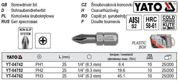 Набір біт РН2 х 1/4" l=25 мм 10 штук YT-04752