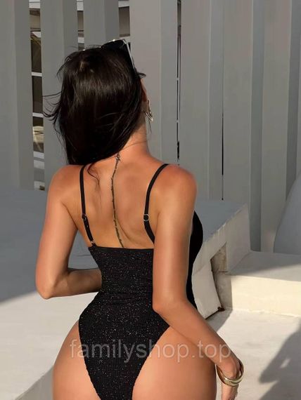 Цельный женский купальник с тонкими бретелями блестящий жатка, MBс264, цвет черный, размер L | Зображення 1
