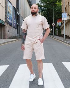 Мужской летний костюм с шортами и футболкой рубчик премиум-качество BD0026 цвет бежевый, размер M