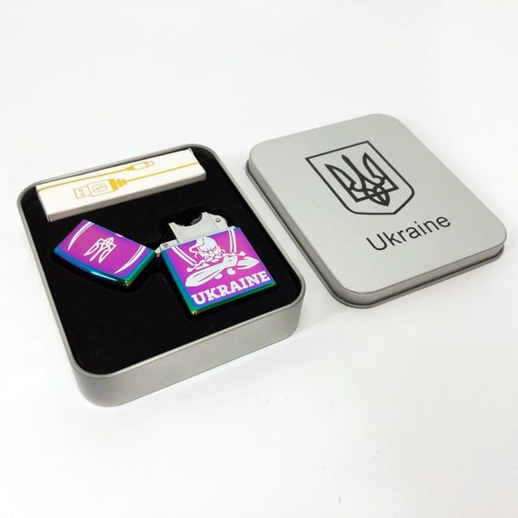 Дугова електроімпульсна запальничка USB Україна (металева коробка) HL-449. Колір: хамелеон | Зображення 3