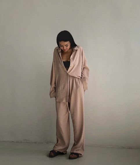 Женский легкий костюм тройка брюки, топ, рубашка BF1048 цвет бежевый, размер 42/44