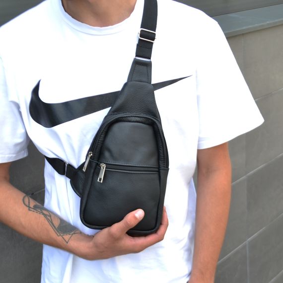 Сумка з натуральної шкіри, слінг чоловічий чорний, барсетка, крос боді, Практична сумка-месенджер | Зображення 4