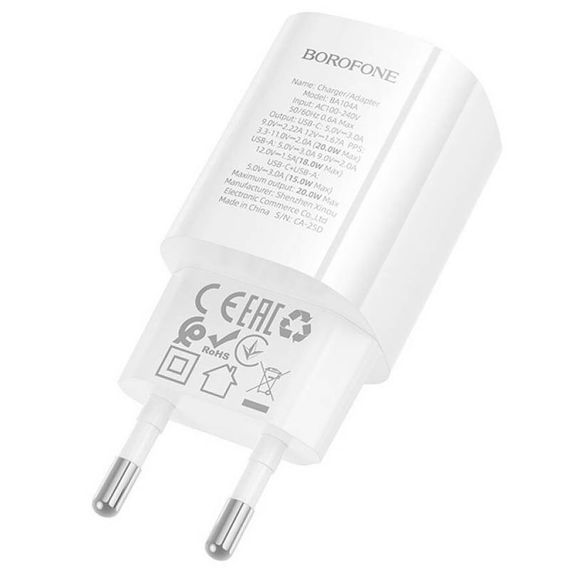 МЗП Borofone BA104A Pudding PD20W+QC3.0 (1USB-A/1C) White | Зображення 4