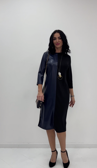 Женское красивое нарядное платье с экокожей GF8977 размер 54/56 цвет черный с синим | Зображення 3