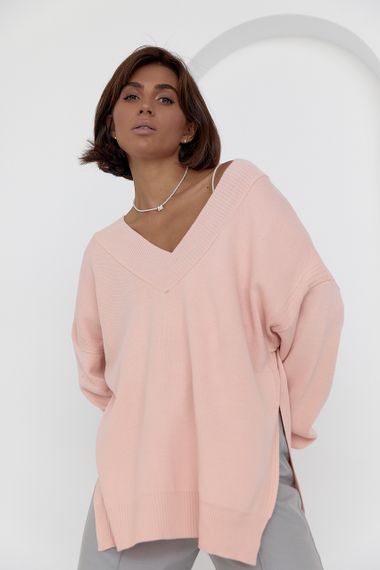 Женский пуловер oversize с боковыми разрезами персиковый цвет S | Зображення 6