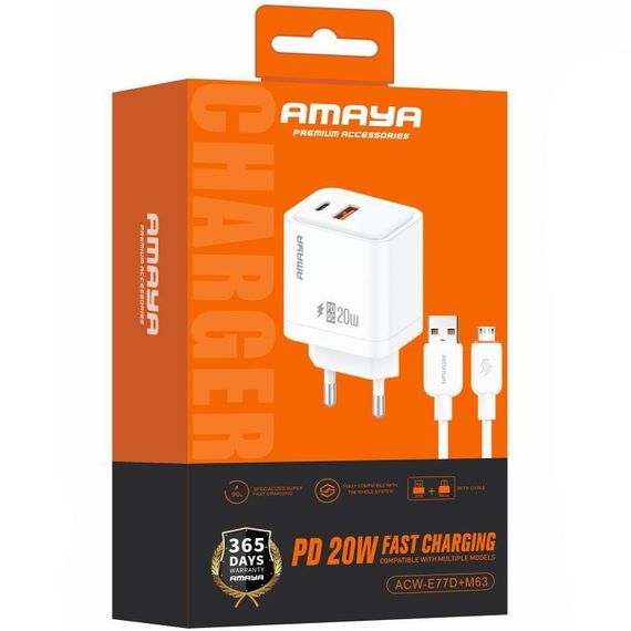МЗП Amaya E77D PD20W+QC3.0 (1USB-A/1C) + кабель USB to MicroUSB White | Зображення 1