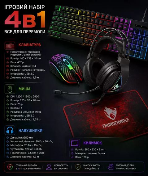 Ігровий комплект Gaming Combo 4-in-1 T-Wolf TF-400 чорний • Геймерський набір клавіатура, миша, навушники та килимок для ПК | Зображення 5