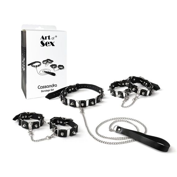 Бондажний набір: нашийник з повідцем, наручники та поножі Art of Sex - Cassandra, колір чорний | Зображення 5