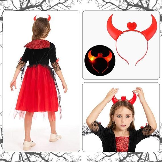 Костюм сукня вампіра чортика для дівчинки червона, комплект на Хелловін, обруч із ріжками, наліпка-татуювання на 105-115 см 4-6р | Зображення 1