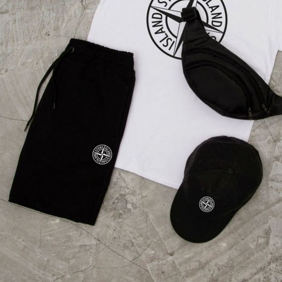 Костюм футболка + шорти + кепка та бананка Stone island колір білий/чорний | Зображення 1