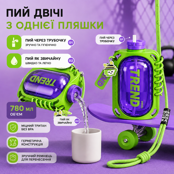 Бутылка для воды TREND 780 мл герметичная зеленая с антискользящим покрытием и ремешком | Зображення 6
