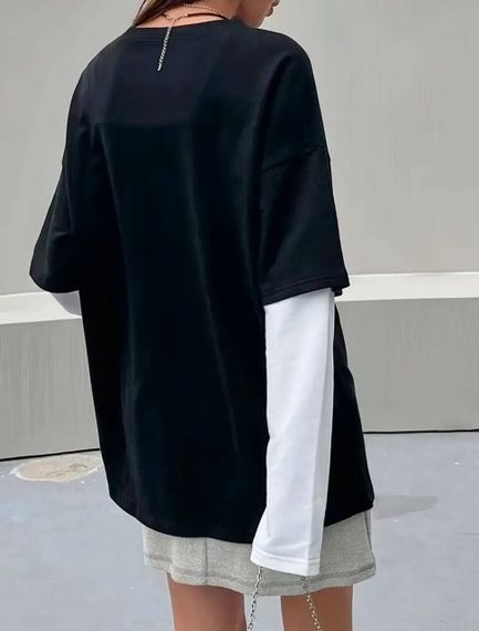 Женский свободный лонгслив оверсайз с эффектом футболки HI2729 цвет черный с белым, размер onesize 42/48 | Зображення 5