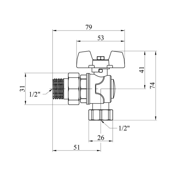 Кран-американка кульовий кутовий WaGa 1/2" PN40 метелик, нікельований | Зображення 1