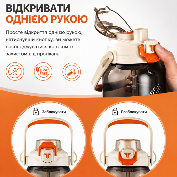Бутылка TKK 2000 мл - Белая Tritan BPA-free, ударопрочная, спортивная с практичным ремешком | Зображення 3