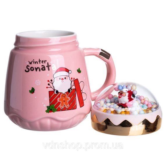 Чашка порцелянова з кришкою Christmas 400 (мл) Рожева Yiwu FM-CS-41C | Зображення 3