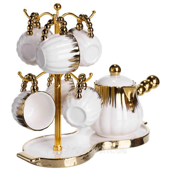Кавовий сервіз на підставці з туркою 450 (мл) 6 чашок по 90 (мл) подарунковий набір чашок на підставці Білий із золотом FM-JJ-5 | Зображення 3