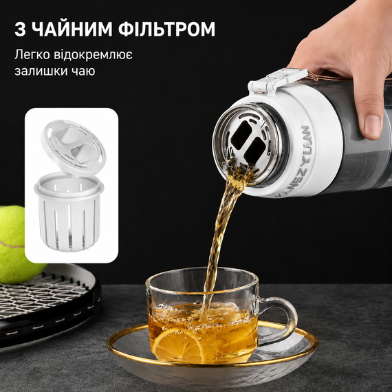 Спортивная бутылка KANGZYUAN 1000 мл (1 л) - Белая Tritan BPA-free, ударопрочная эко-бутылка с фильтром и ремешком | Зображення 3