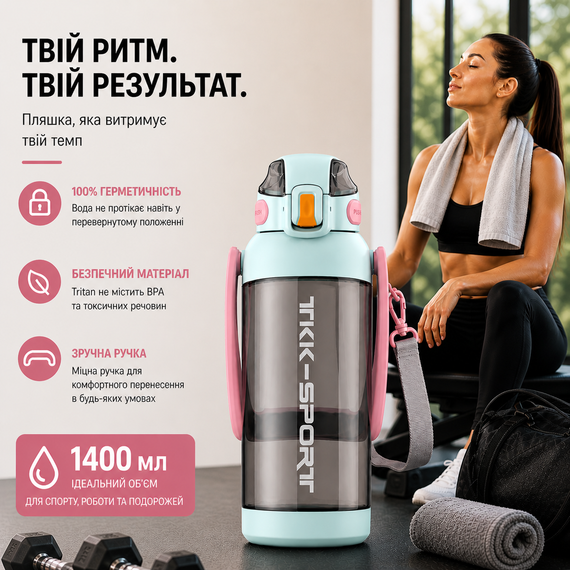 Бутылка для воды TKK 1400 мл (1,4 л) Tritan, с мерной шкалой, соломинкой и ремешком, бирюзовая | Зображення 5