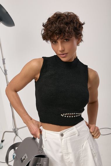 В'язана майка з високою горловиною і розрізом на талії - чорний цвет, ONE SIZE (є розміри) | Зображення 3