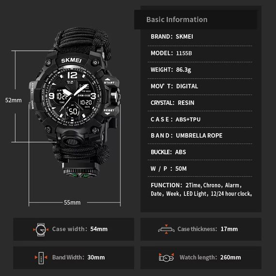 Годинник наручний чоловічий SKMEI WR-792 1155BKBK PARACORD | Зображення 5