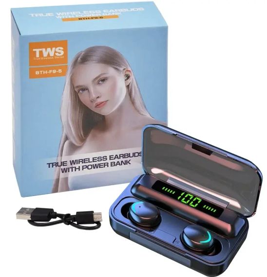 Навушники F9 TWS V5.0 Бездротові сенсорні Bluetooth з індикатором заряду чорні водонепроникні (NB-1) | Зображення 4