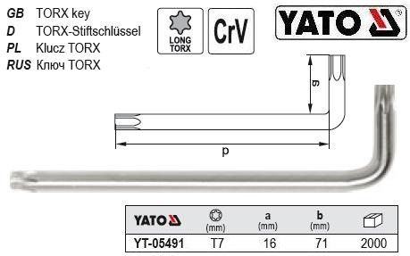 Ключ TORX Г-подібний CrV Т7 16 х 71 мм YT-05491