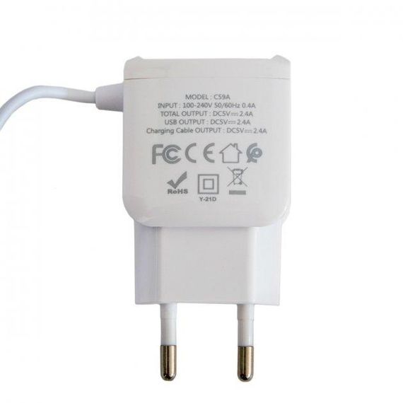 Мережевий зарядний пристрій Hoco 2хUSB із вбудованим кабелем micro White (C59A) | Зображення 3