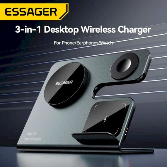 Бездротовий зарядний пристрій Essager  Ruicheng desktop magnetic suction three in one wireless charging of 15W black | Зображення 2