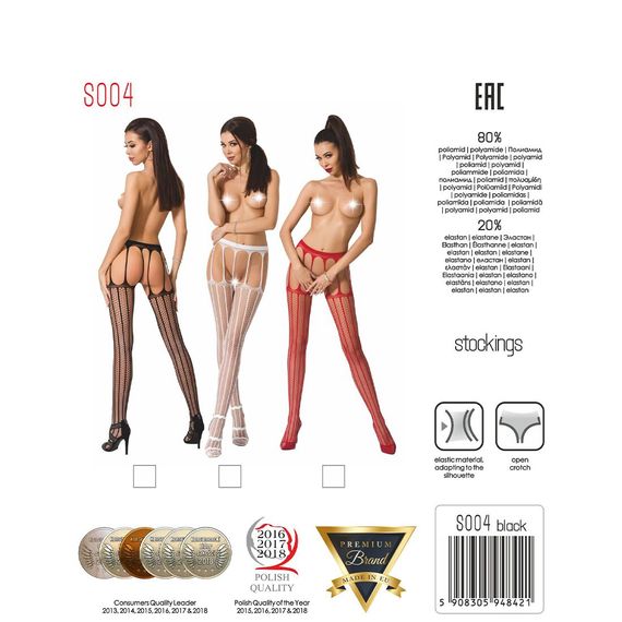 Еротичні колготки-бодістокінг Passion S004 black, імітація високих панчіх та тоненького пояска | Зображення 7