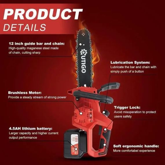 Бензопила бесщеточная аккумуляторная Outigo, Мощная и безопасная пила для садовых и строительных работ | Зображення 1