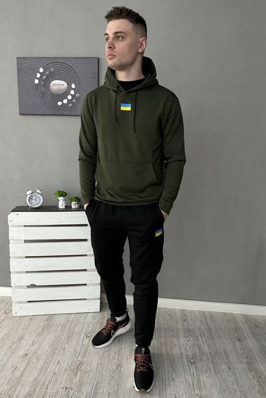 Комплект 3 в 1 Демісезонний спортивний костюм Прапор худі хакі + чорні штани (двонитка) + Футболка біла Прапор України | Зображення 1