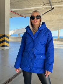 Женская демисезонная стеганая куртка с капюшоном на кнопках NA1039 цвет синий, размер 42/44