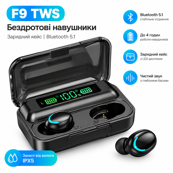 Бездротові навушники F9 TWS bluetooth 5.1 black OPM з павербанком | Зображення 1