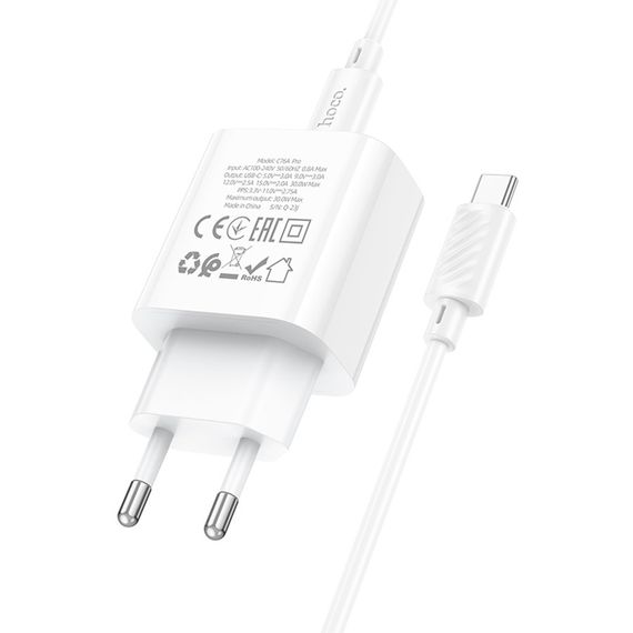 Набор СЗУ 110-240V HOCO C76A Pro+ Type-C кабель, USB-C, PD30W, кабель 1м, White, Box | Зображення 6