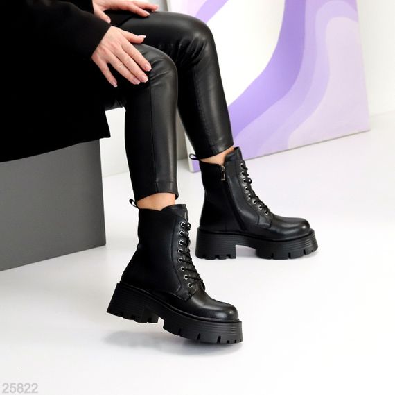 Молодежные черные кожаные зимние ботинки берцы на массивной подошве | Зображення 5
