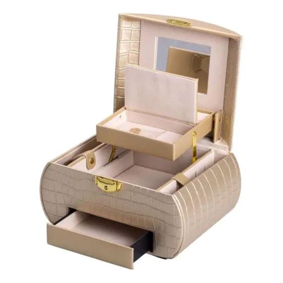 Скринька для прикрас з еко шкіри 3 яруси із замком органайзер для ювелірних виробів HP-5-21GOLD | Зображення 1
