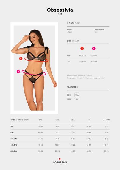 Напівпрозорий еротичний комплект Obsessive Obsessivia 2-pcs set black L/XL, бюстгальтер та трусики,, S/M | Зображення 6
