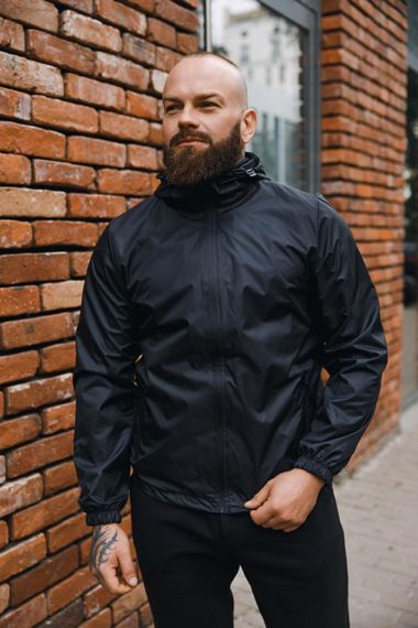 Мужская ветровка на молнии с капюшоном подкладка сетка цвет черный, размер S  BD0024