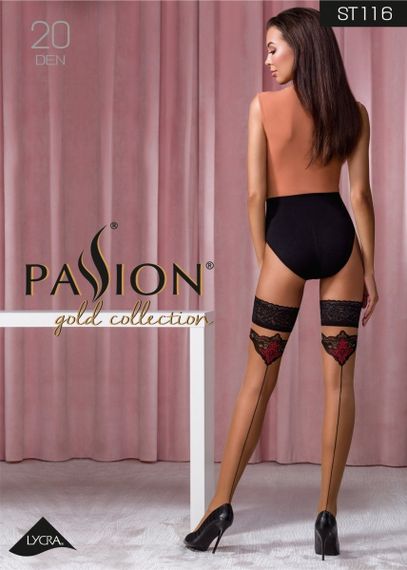 Чулки кружевные ST116 бежевые с черно-красной отделкой 5 (20 den) - Passion sexstyle | Зображення 2