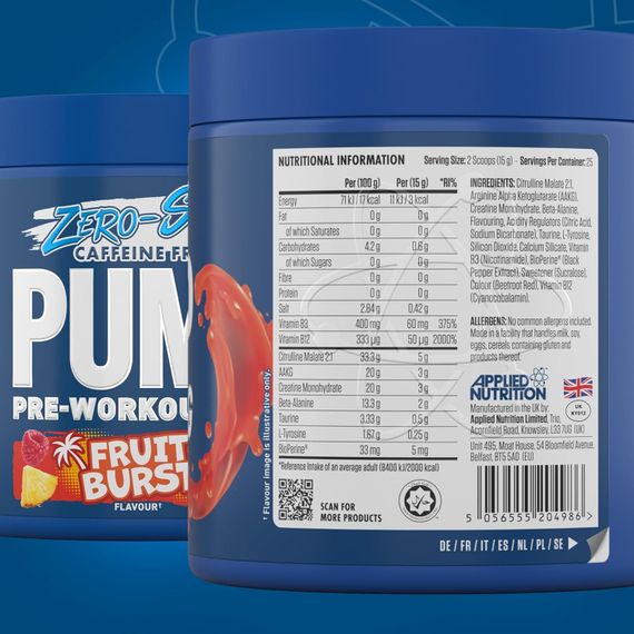 Передтренувальний комплекс Applied Nutrition Pump Pre Workout 3g Zero Stim 375 g (Fruit Burst) | Зображення 1