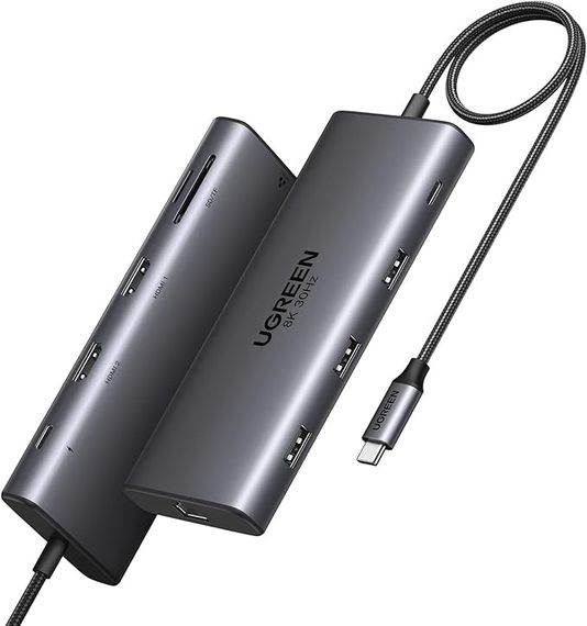 Док-станция UGREEN Revodok Pro 210 10 в 1, док-станция USB C, два порта HDMI 4K при 60 Гц, один порт 8K при 30 Гц, 100 Вт PD, 5 Гбит/с, порты USB C и USB A, гигабитный Ethernet, устройство чтения карт SD/TF, USB-концентратор, совместимый с HP