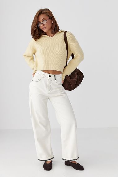 Джемпер у рубчик із відкладним коміром - кремовий цвет, ONE SIZE (є розміри) | Зображення 2