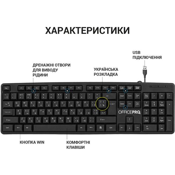 Клавіатура OfficePro SK166 USB Black (SK166) | Зображення 3