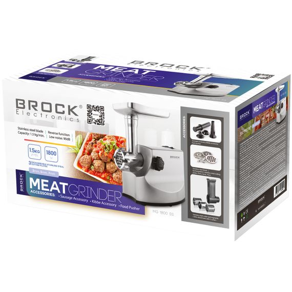 М'ясорубка BROCK  MG 1800 SS 1800Вт/1.5кг/хв/реверс/3 решітки/насадка для ковбас/кеббе/3 терки/срібн | Зображення 1