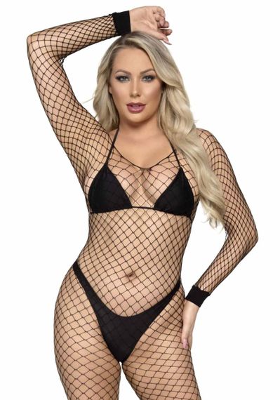 Бодистокинг в крупную сетку Leg Avenue Long Sleeved Bodystocking One size Black, длинный рукав sexstyle