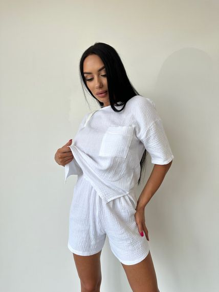 Женский легкий летний костюм шорты и футболка из муслина NA2007 цвет белый, размер 42/44 | Зображення 1