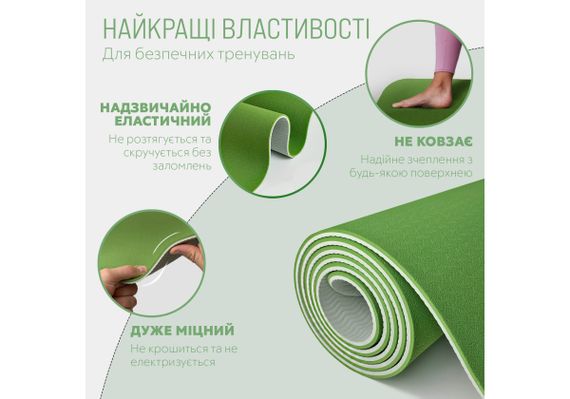 Килимок для йоги та фітнесу EasyFit TPE+TC 6 мм двошаровий зелений-сірий (EF-1924-GNGY) | Зображення 3