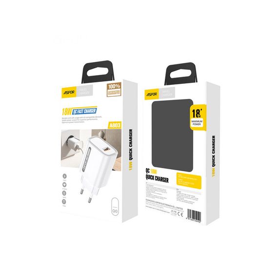 Мережевий зарядний пристрій Aspor A803 18W QC 3.0 + USB кабель Micro-білий | Зображення 2
